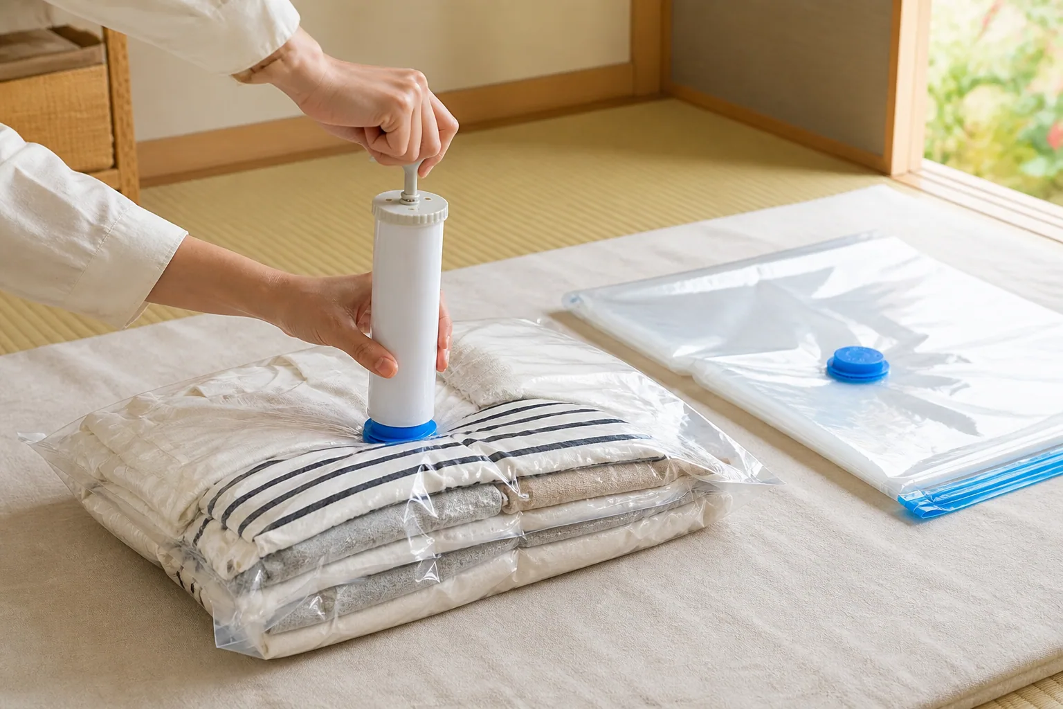 畳んだ日常着を入れ、手動ポンプで空気を抜いている透明な圧縮袋