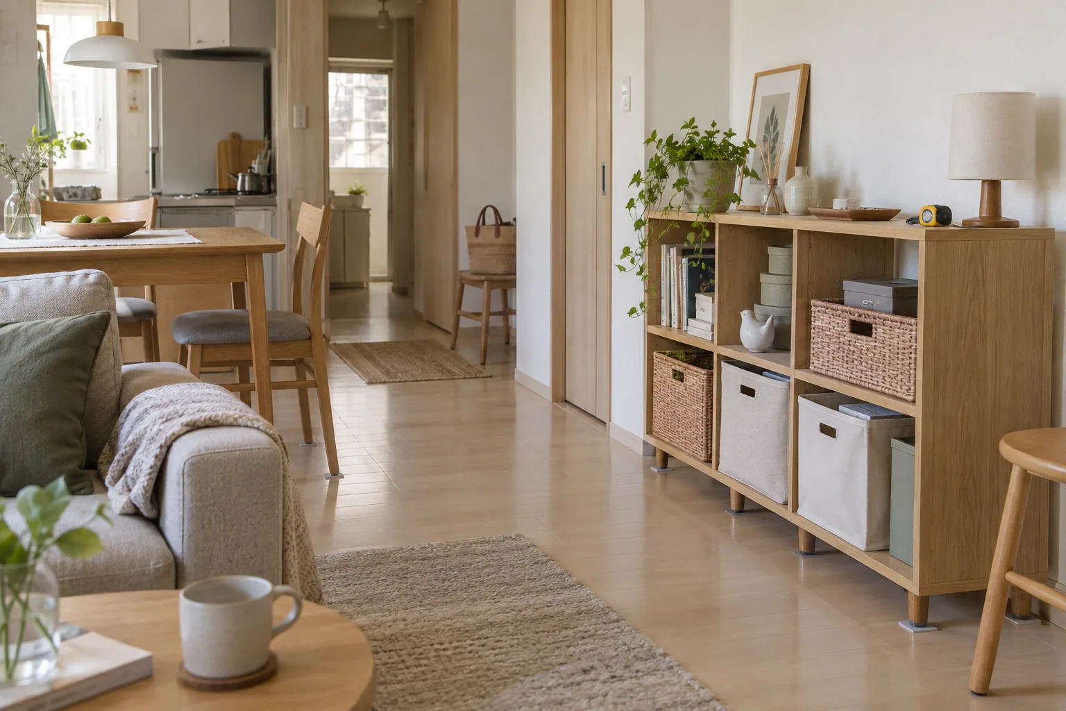 日本の賃貸住宅で、通路を空けながら見せる物と隠す物を分けた北欧風の収納棚