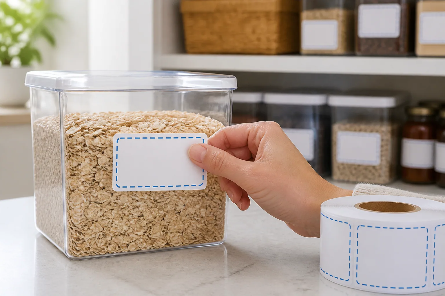 食品ストックの透明容器へ、青い点線枠の無地ラベルを貼っている手元