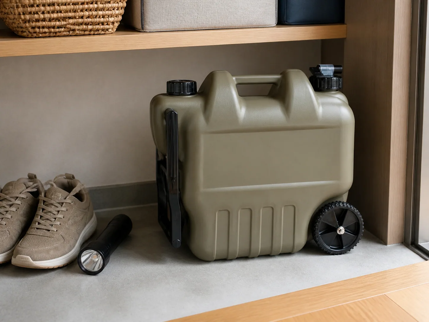玄関収納の床面に、引き手と車輪が付いたカーキ色の20L給水タンクを置いた様子